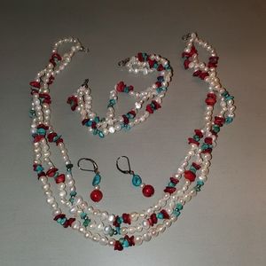 Real pearl jewelry set with jasper and malachite